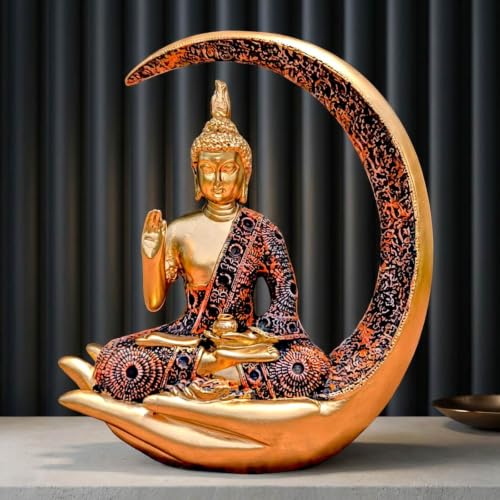 Image of Antique Big Meditating Moon Buddha Statue Showpiece for Home Decor - Living Room - House Warming - Office - Gifting - Buddha Idol Polyresin Decorative Figurine (9 Inch / 23 cm, Multicolor)