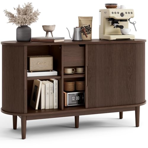 LINSY HOME Sideboard Buffet Cabinet with Storage, 55' Fluted Coffee Bar Cabinet with Tambour Sliding Doors and Drawer, Mid Century Modern Wood Storage Buffet Table for Kitchen, Vintage Walnut