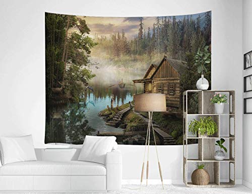 Nymb Natural Scenery Lake House Tapestry, Wooden Cabin With Pine Tree In Magic Forest Tapestry Wall Hanging, Wall Art For Bedroom Living Room Collage Dorm Home Decor Bedspread, 80" W X 60" H #TOP1