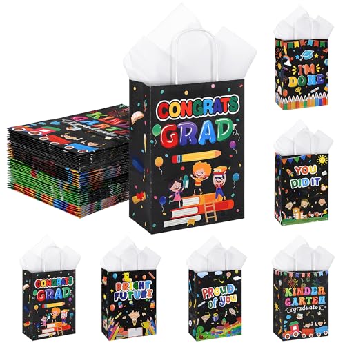 MIMIND 24 Pack Kindergarten Graduation Gift Bag 8.7 x 6.3 3.2 Inch Kindergarten Paper Goodies Bag with 24 Sheet Tissue Paper and Handle for 2026 Preschool Graduations Party Supplies