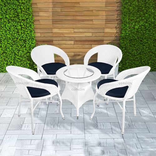 Image of Rattan Wicker Garden Patio Seating Chair and Table Set for Outdoor Balcony Garden Coffee Table Set Furniture with 1 Table and 4 Chairs with Blue Cushion (White)