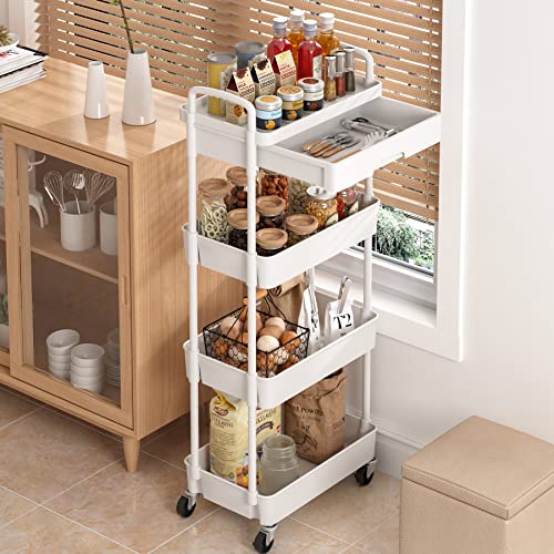 Dttwacoyh 4-Tier Rolling Cart，Trolley With Drawer, Kitchen Storage Organizer With Plastic Shelf & Metal Wheels, Storage Cart For Living Room, Kitchen, Office, Bathroom, White #TOP3