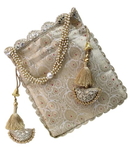 Image of MILAN'S CREATION Pure Banarasi Potli Silk Brocade Bag Purse Drawstring Women's handbag with Pearl Handle & Tassel Weddings