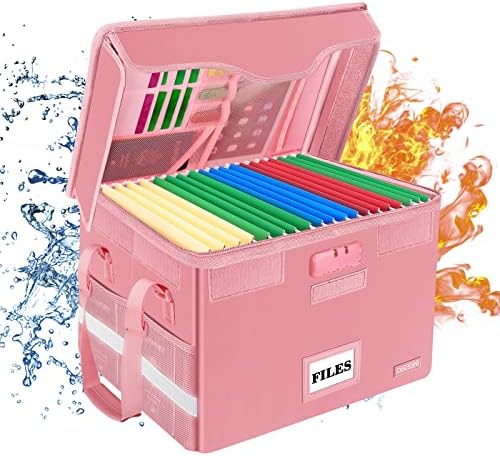 DocSafe File Box Fireproof Document Box with Lock,File Storage Organizer Box with Insert Pockets,Collapsible Portable File Box Home Office File Cabinet with Handle for Hanging Letter/Legal Folder,Pink