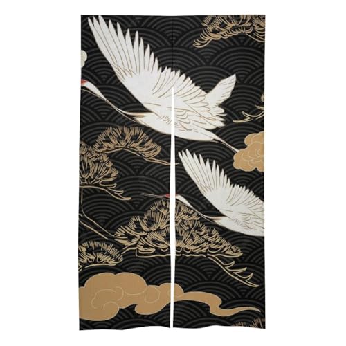 日本 和風 絵画 鶴 ツル 暖簾 のれん 可愛い 間仕切り ロング 和風 遮光 断熱 目隠し カーテン 柔らかい 幅86cm×丈143cm 四季兼用 洗面所 脱衣所 棚 玄関 インテリア