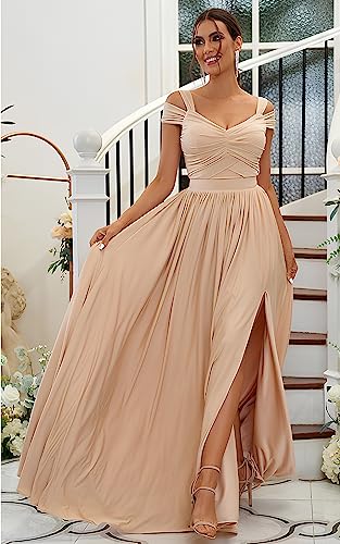 Image of SOLODISH Off The Shoulder Bridesmaid Dresses Long Chiffon Formal Evening Dresses for Women