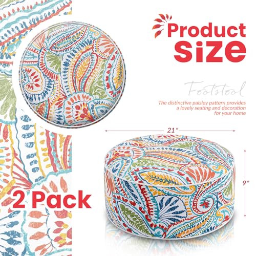 Juexica 2 Pack Outdoor/Indoor Inflatable Ottoman 21 x 9 Inch Paisley All Weather Round Footrest Stool with Handle Water Repellent Portable Footstool Pouf for Patio Garden Camping Home Deck Travel