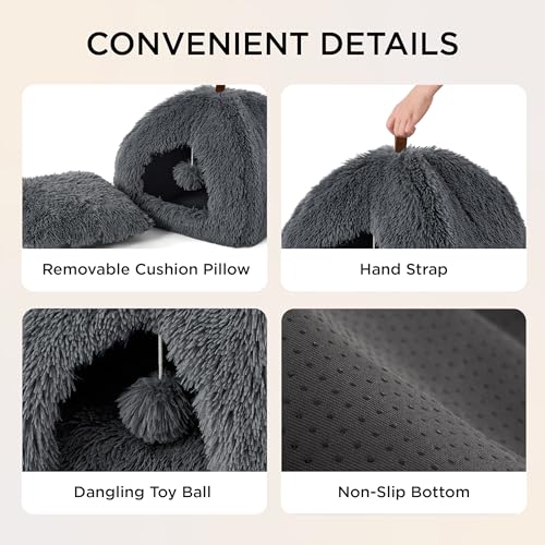 BEDSURE Katzenbett große Katzen Katzenhöhle- 40x40x40 cm Plüsch Katzenhaus Indoor mit abnehmbarem Katzenkissen und hängendem Spielzeug, Katzen Bettchen waschbar, dunkelgrau