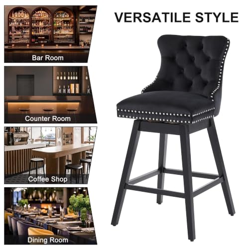 Image of Black Swivel Bar Stools, Velvet Counter Height Bar Stools Set of 4 | 360 Swivel Bar Chairs, Solid Wood Legs, Upholstered Kitchen Island Stools, Modern Extra Wide Seat (Black, 26 inch H, 4 Pack)