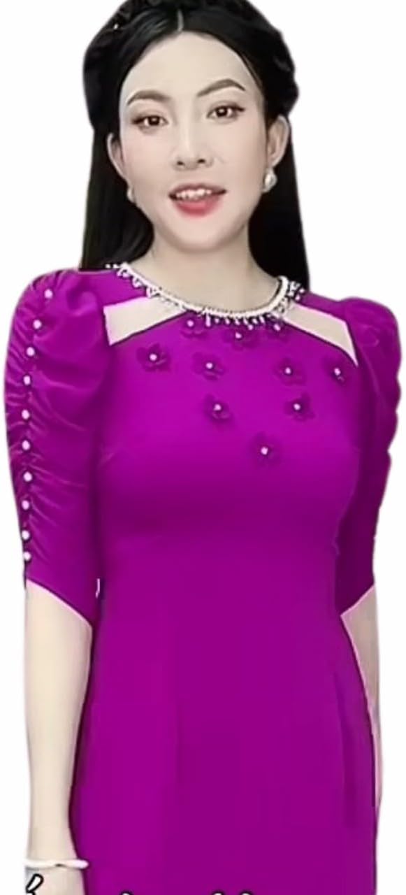 Vietnamese Traditional Ao Dai Set, Round Neck with Pearl Beads, Puff Sleeves, Ao Dai with Pants