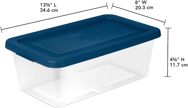 Sterilite Stackable 6 Quart Clear Home Storage Box with Handles and Blue Lid for Efficient, Space Saving Household Storage and Organization, 5 Pack