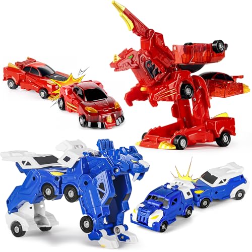 Image of Yivsen Collision Transforming Dinosaur Car Toy, 2 in 1 Magnetic Cars Transform into Dinosaur Toys, Car Crash Dino Robot Toy for Kids, Ideal Birthday Party Gift Toys for Kids Boys Girls, Red Blue