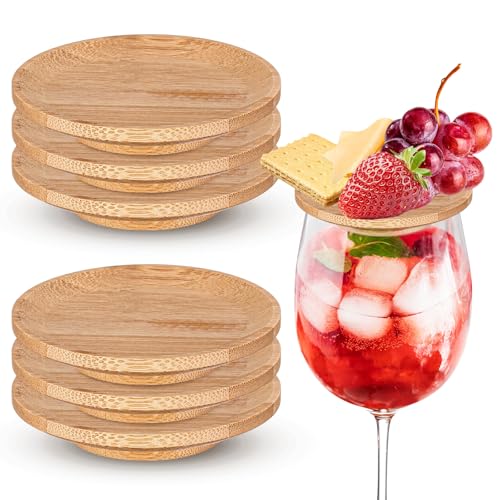 Mumufy 6 Pcs 5'' Wine Glass Charcuterie Topper Wine Glass Covers to Keep Bugs out Bamboo Round Mini Charcuterie Boards Dual Use Cups Topper Plates for Cheese Parties Family Gatherings Bars