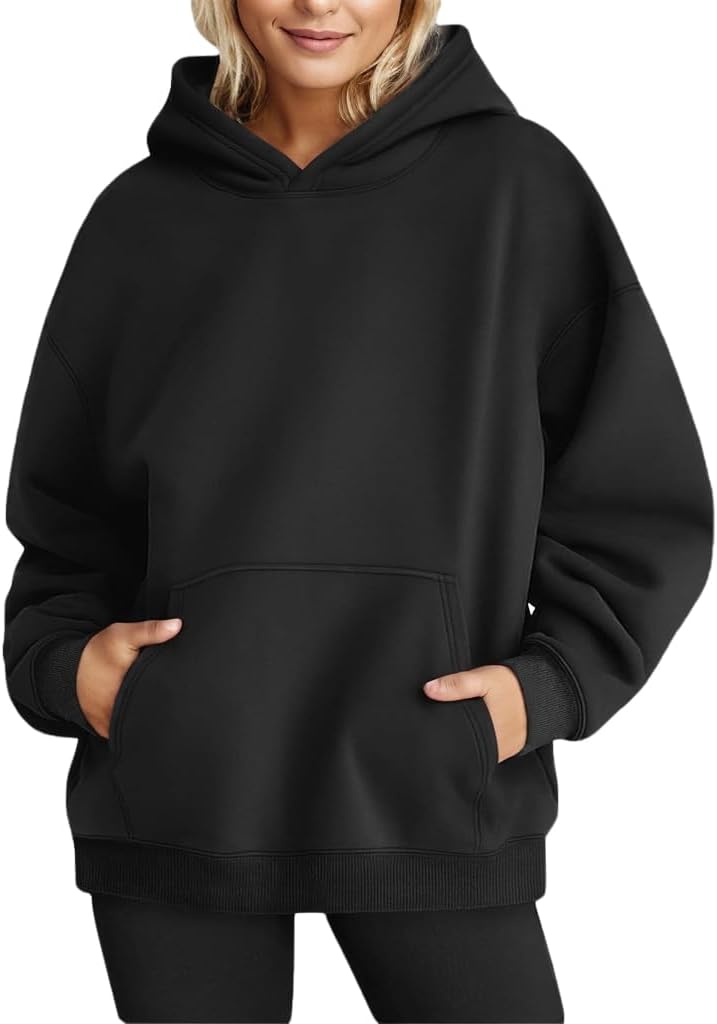 Chaos World Women’s Long Sleeve Oversized Pullover Solid Color Y2K Hoodie Fall Winter Sweatshirt with Pocket (XL,1Black)