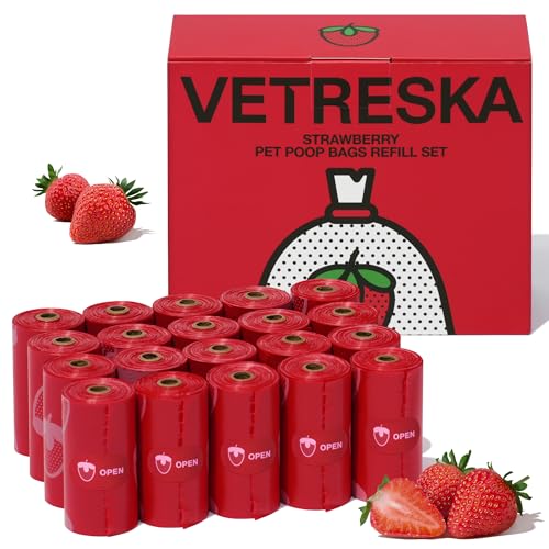 VETRESKA Sacs pour excréments de chien parfumés à la fraise, étanches, extra épais et grands sacs pour déchets d'animaux domestiques pour promenades de chiens et litière pour chats, 300 sacs