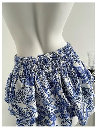 Women's Boho Printed Mini Skirts Ruffle Layered Elastic High Waist Summer A Line Skirt3