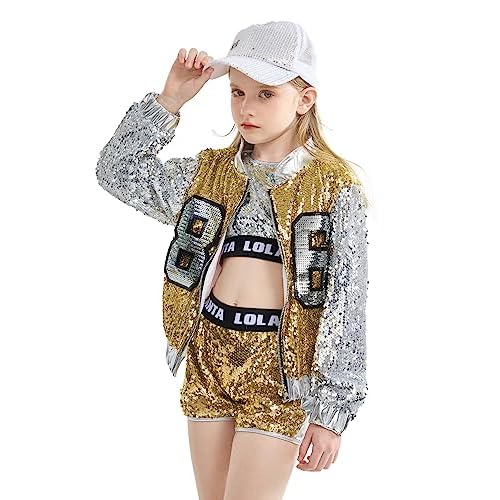 LOLANTA Girls Sequin Dance Costume, 4PCs Sparkle Hip Hop Jazz Outfits | 4PCs Sequin Dance Set: Jacket+Short+Vest+Socks, for Hip Hop Jazz, Halloween, Concerts, Theme Party, Recital, Birthday