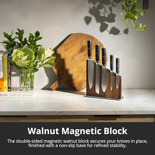Image of Yatoshi Knives Magnetic Kitchen Knife Block Set - Japanese 67 Layer High-Grade VG-10 Steel Knives, Sharp, G10 Handle Professional Kitchen Knife Set - Black Damascus (6 pieces)