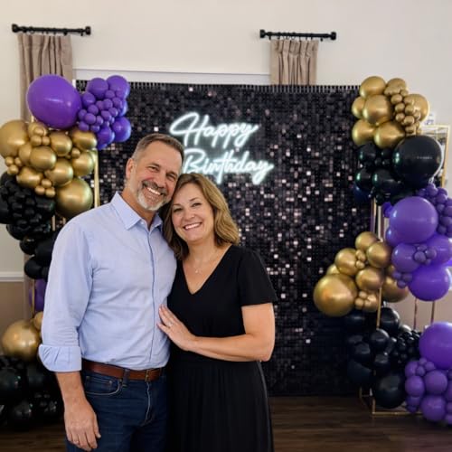 Image of Purple and Gold Balloons, 12 Inch Black Purple and Gold Confetti Balloons for Graduation Prom Halloween Baby Shower Wednesday Retirement Birthday Party Decorations