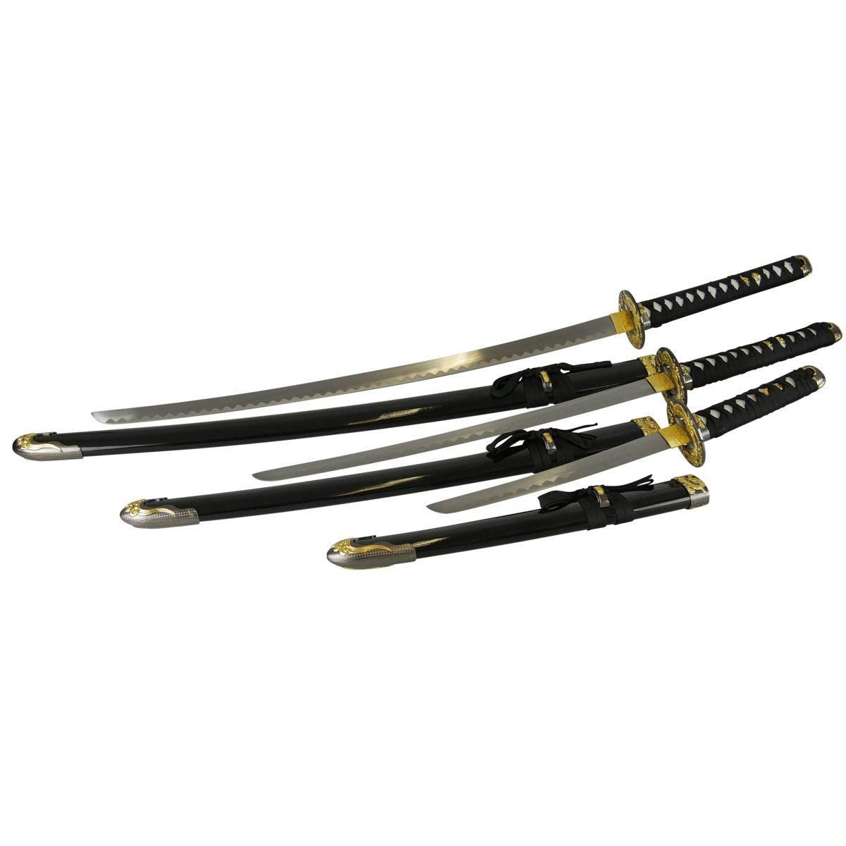 Katana Wakizashi Tanto Black Dragon Samuraischwert Set | Dekorationsschwerter mit stumpfer Klinge - mit Schwertständer und Zubehör