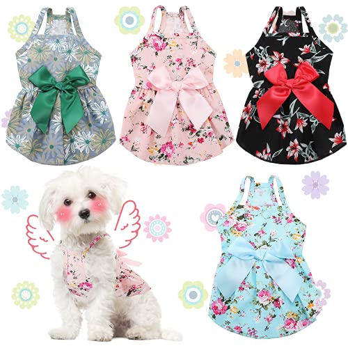 4 Pieces Puppy Dog Princess Dress Dog Bowknot Dress Cute Rosette Sundress Apparel Summer Puppy Floral Vest Dress Dog for Small Pet Dog Cat Outfits (Flower Patterns,S)