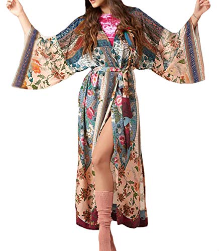 Bestyyou Women's Print Kimono Jacket Cardigan Long Robe Bathing Suit Bikini Swimsuit Cover Up Swimwear (Print A)