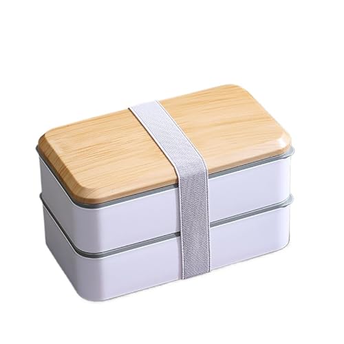 プレミアム大人用多機能弁当箱、本物の竹の蓋、100%漏れ防止、電子レンジと食器洗浄機対応、電子レンジ・食洗器対応、長角弁当、800、1200ml (2層,ホワイト)