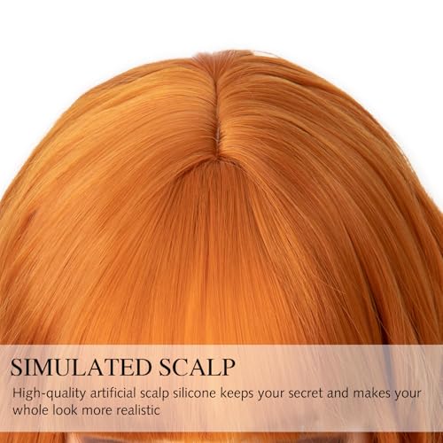 Image of Rose bud Wavy Bob Wig with Bangs Natural Orange Wig Synthetic Hair Shoulder Length Short Curly Wigs for Women