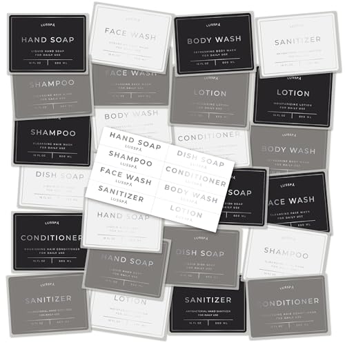 24 Waterproof Labels for Bottles, Shampoo and Conditioner Dispenser Label - Stickers, Bathroom Hand Soap Label Stickers, Bathroom Labels for Glass or Plastic Bottle (Silver Lettering)