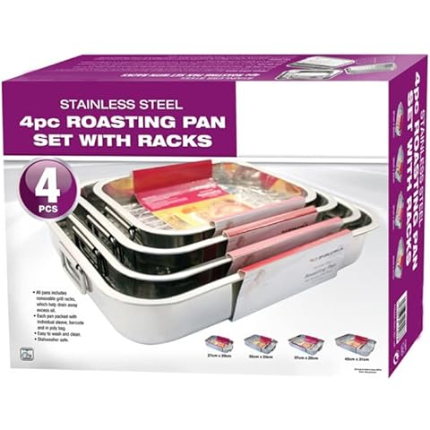 Stainless Steel Roasting Trays Oven PAN Dish Baking Roaster Tray Grill Rack ((4 PC Set)) Cover