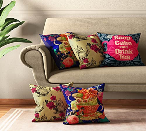 Image of India Circus by Krsnaa Mehta Garden Hi-Tea Multicolor Satin Blend Cushion Pillow Covers Set of 5 (16 x 16 Inches)