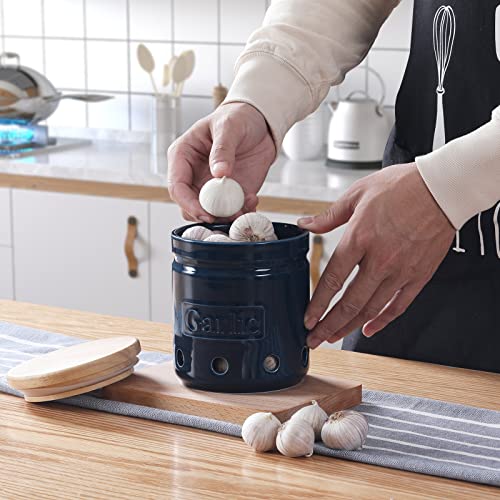 Large Garlic Keeper With Wooden Lid, Ceramic Garlic Holder Storage, Garlic Container For Kitchen, Garlic Saver To Keep Your Garlic Cloves Fresh Longer 4.5-Inch, Navy #TOP4