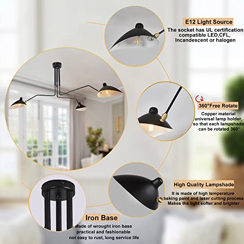 Xersbav Mid-Century Modern Chandelier 3 Arm Chandelier, E12 Black Modern Chandeliers Living Room Light Fixtures Ceiling Hanging Lights Adjustable, Large Chandelier For High Ceilings,Dining Room #TOP3