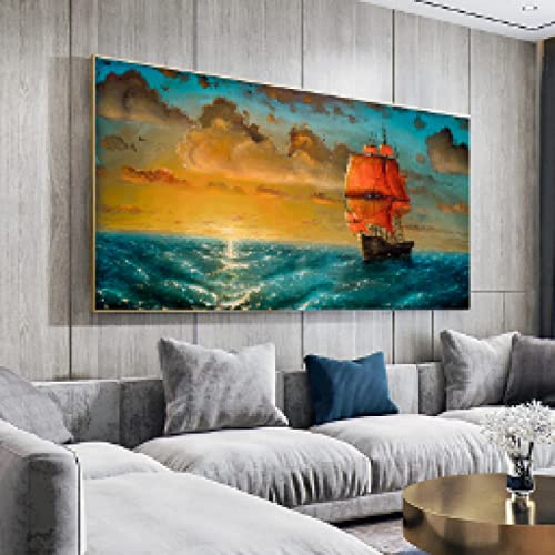 Affiche paysage marin abstrait impression grand format 60x120cm sur toile de lin salon