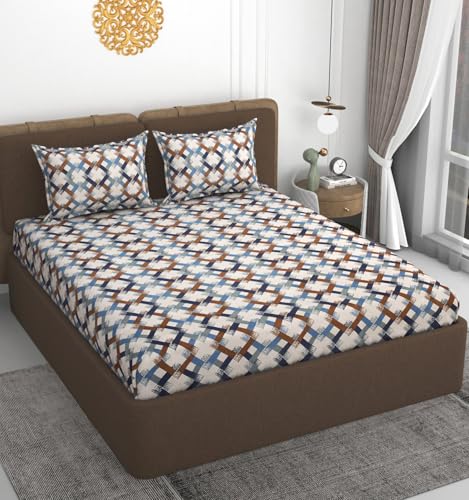 Image of VOMZER 320 TC Cotton Feel All Around Elastic Fitted Bedsheets Double Queen Size, Premium Elastic Fitted King Size Bed Sheet for Double Bed with 2 Pillow Covers, Size- 72 inch x 72 inch