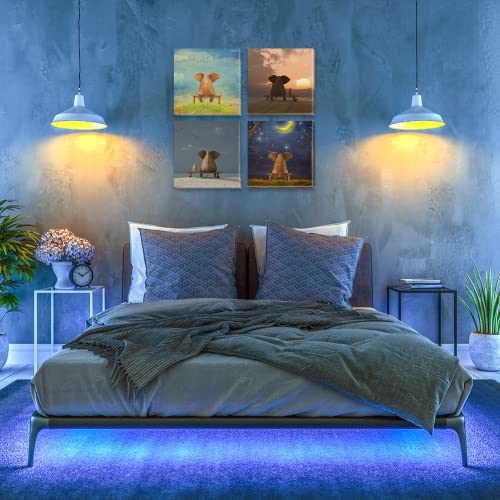 Cartoon Elephant Wall Art Nursery Animals Canvas Pictures Resting Elephant Looking To The Sky Paintings Cute Animal Prints 4 Pieces Artwork For Bedroom Living Room Bathroom 12”X12” #TOP1