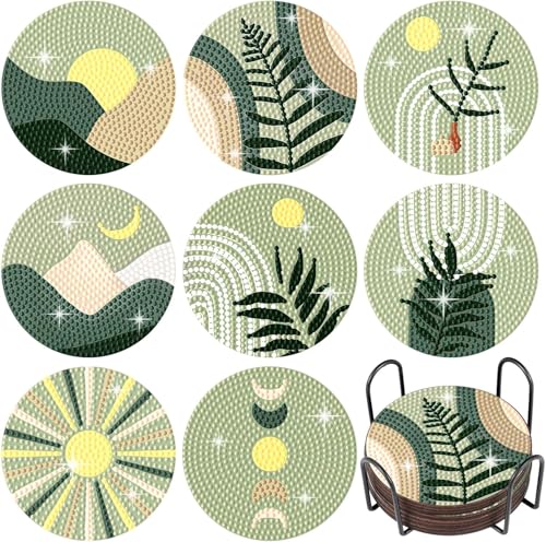 Frundoo Diamond Painting Untersetzer mit Halter, 8 Stück Diamant Tassenuntersetzer, Diamond Painting Erwachsene zum Basteln, DIY Neu Grün Untersetzer rutschfest für Anfänger, Erwachsene