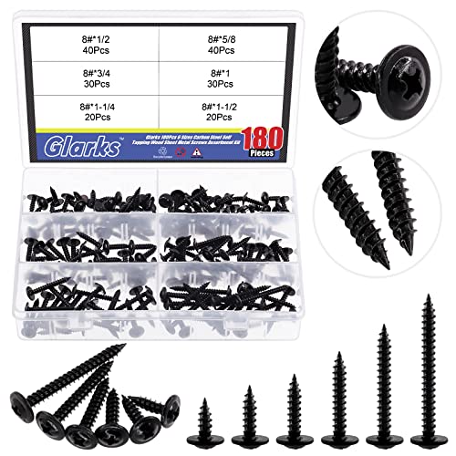 Glarks 180Pcs 6 Sizes #8 Phillips Modified Truss Head Wood Screws Assortment Kit, 8 X 1/2", 5/8", 3/4", 1", 1-1/4", 1-1/2" Black Zinc Plated Carbon Steel Self Tapping Sheet Metal Screws Set #TOP5