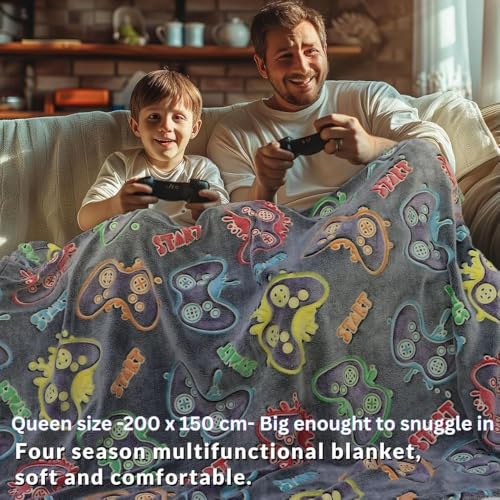 Image of Happy Hues Gaming Glow in The Dark Blanket-200 x 150 cm- Super Soft Fluffy Flannel Fleece All Season Blanket for Babies-Toddlers-Kids & Teens Boys & Girls- Best Gifting Ideas for 0-15 Years
