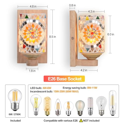 Image of Bedside Colored Mosaic Glass Wall Sconce, Handmade Mediterranean Bohemian Turkish Moroccan Wall Lamp Stained Glass Wall Light Fixtures for Bedroom Living Room Hallway Vanity Corridor Bulb Included