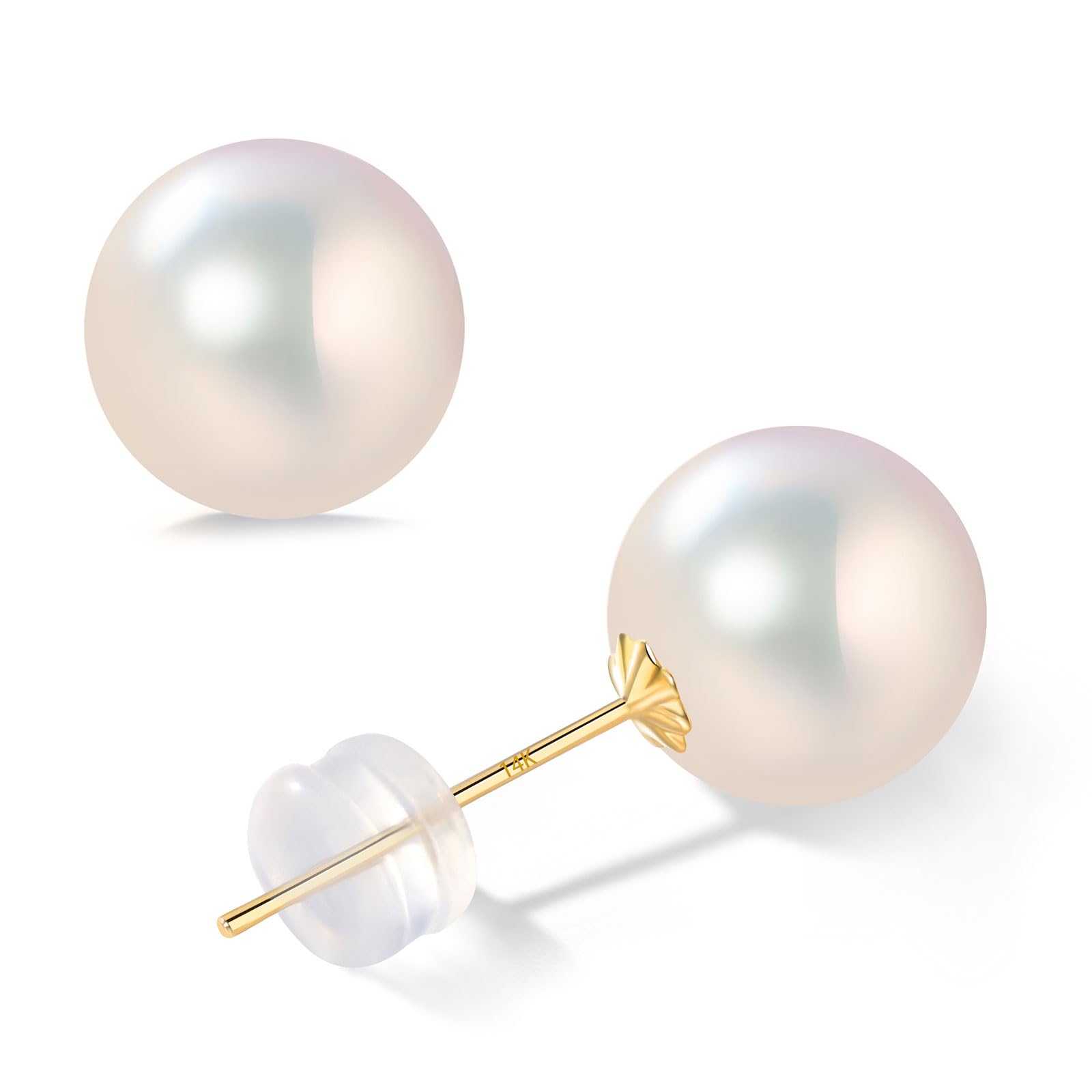 BAMIKI 14K Solid Gold Earrings with Akoya Cultured Pearl Studs, Classic Round Blue/Golden/White Pearl, Hypoallergenic for Sensitive Ears, Jewelry