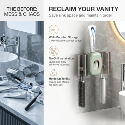 Image of COMFYHOME Tooth Brush Holder Bathroom, Automatic Toothpaste Dispenser, Self Adhesive Brush Stand for Bathroom Wall, Toothbrush Organizer with 2 Mouthwash Cups, 4 Slots Wall Mount Toothbrush Holders
