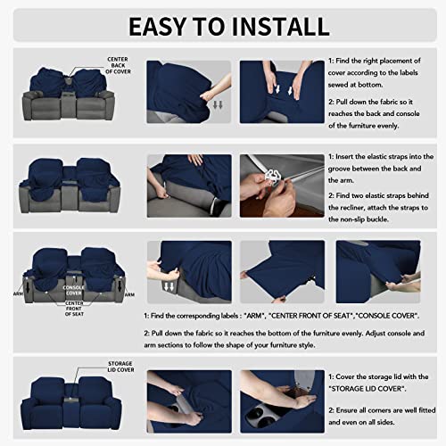 Image of Easy-Going 1 Piece Reclining Loveseat with Middle Console Slipcover | Stretch 2 Seater Loveseat Recliner Cover with Holder and Storage, Recliner Couch Sofa Cover, Furniture Protector Navy