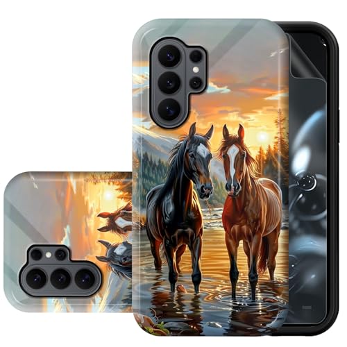 Coque Samsung S26 Ultra double couche antichoc mince avec motif chevaux marron