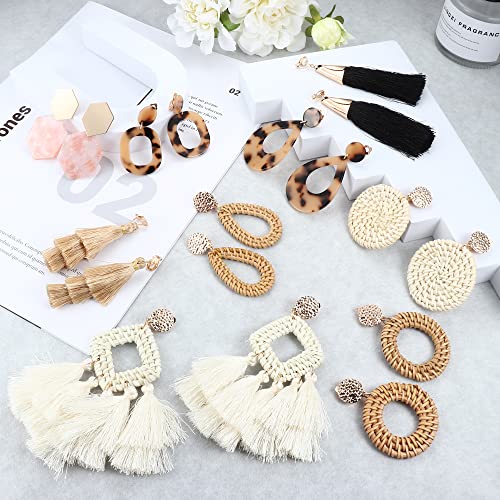 Rnblm Jewelry 9 Pairs Clip On Dangle Earrings For Women Egirls Lightweight Geometric Statement Rattan Tassel Resin Acrylic Clip-On Earring-Non Piercing Hoop Drop Dangle Earrings Jewelry #TOP5