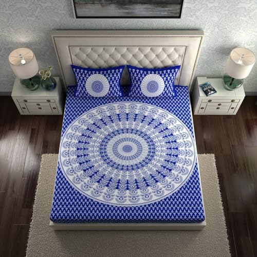 Image of KOUNDAL Rajasthani Jaipuri Sanganeri Printed 144 TC 100% Cotton Bed Sheet Set for Double Bed,Floral Print, Double Bedsheet Cotton with 2 Pillow Covers (Blue(Floral), King)