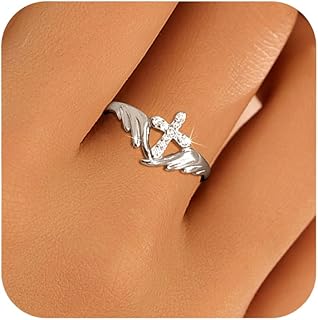925 Sterling Silver Cross Feather Rings for Women Dainty 18K Gold Plated CZ Evil Angel Wing Promise Ring Adjustable Faith Christian Thumb Ring Western Jewelry Birthday Gifts for Her