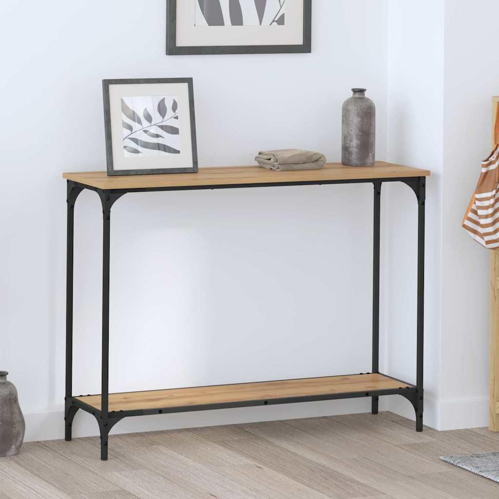 SXZenSpace Industrial Console Table 101 x 30.5 75 cm Oak Effect Engineered Wood with Steel Frame, Slim Sofa Side Accent for Living Room Hallway Bedroom
