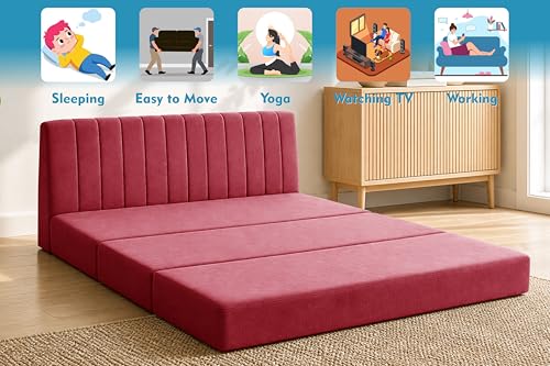 Image of 3-Seater Foldable Floor Sofa Bed with, Modern Velvet Fabric Folding Couch for Living Room, Guest Room & Small Spaces-Red