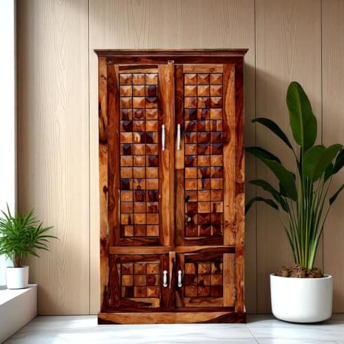Image of Solid Wood Diamond Cut Four Door Almirah /Wardrobe /Cabinet with Storage of Four Shelves and Two Drawers (Natural Oak)